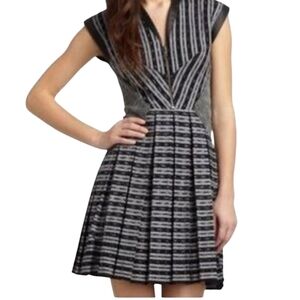 Cut25 Black White Striped Pleated Leather Trimmed Capped Sleeve Mini Dress 6 New